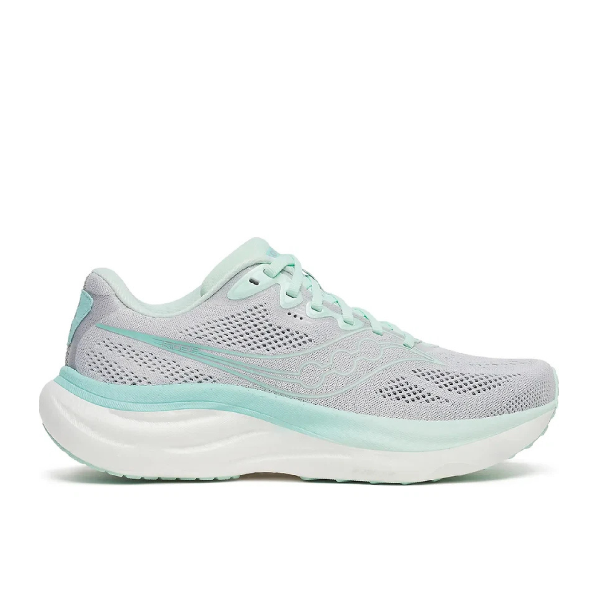 A light gray and mint green running shoe shown from the side against a white background.