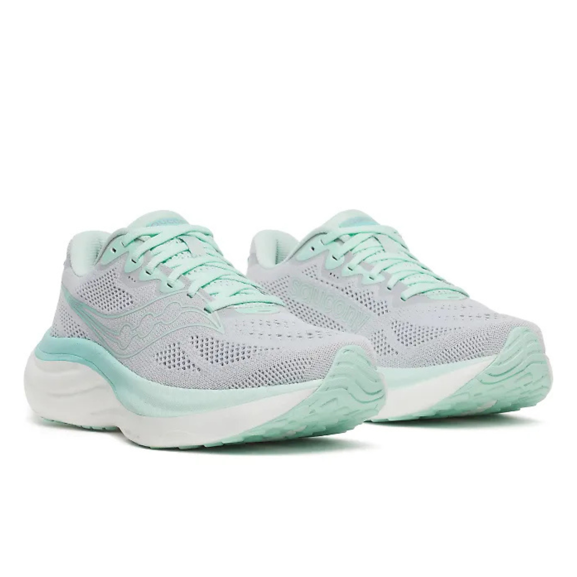 A pair of Hoka running shoes in light gray and mint green, shown from a three-quarters angle on a white background.