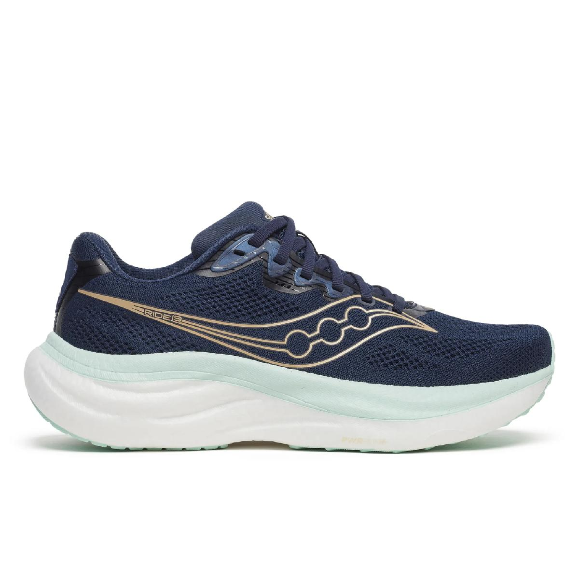Navy running shoe with white sole on a white background