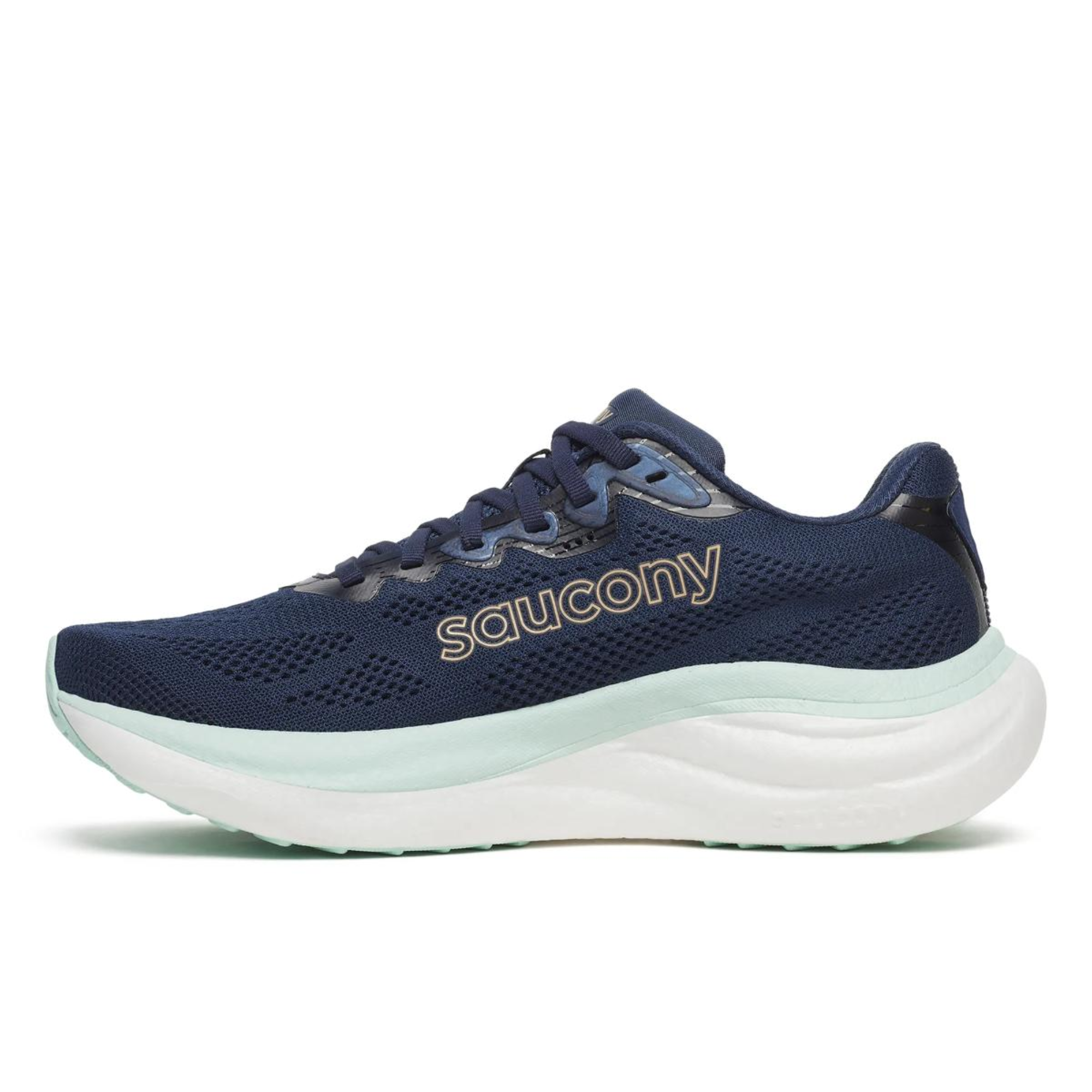 Black running shoe with white sole on a white background