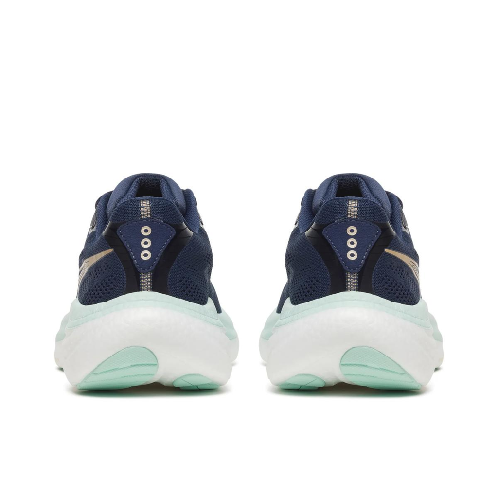 A pair of navy blue running shoes shown from the rear, featuring a thick white midsole with mint green accents and gold branding.