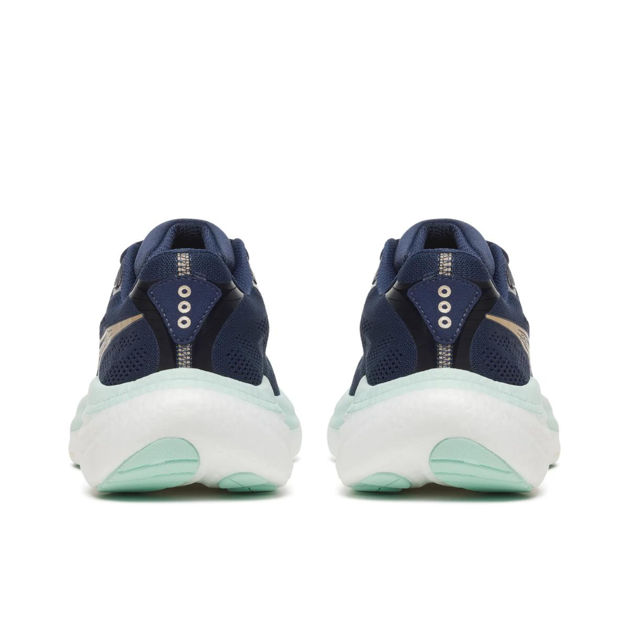 A pair of navy blue running shoes shown from the rear, featuring a thick white midsole with mint green accents and gold branding.