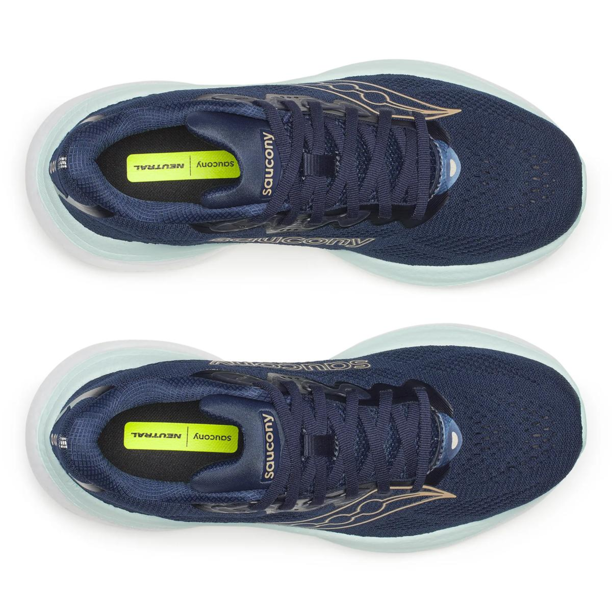 Navy running shoes with white soles on a white background