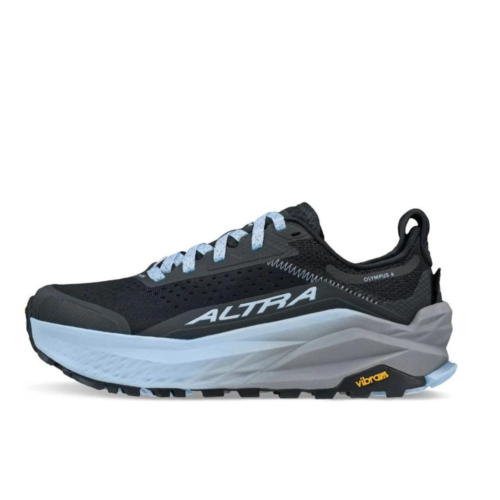 A black and gray Altra trail running shoe with light blue laces and a light gray and white midsole, shown from a side profile on a white background.