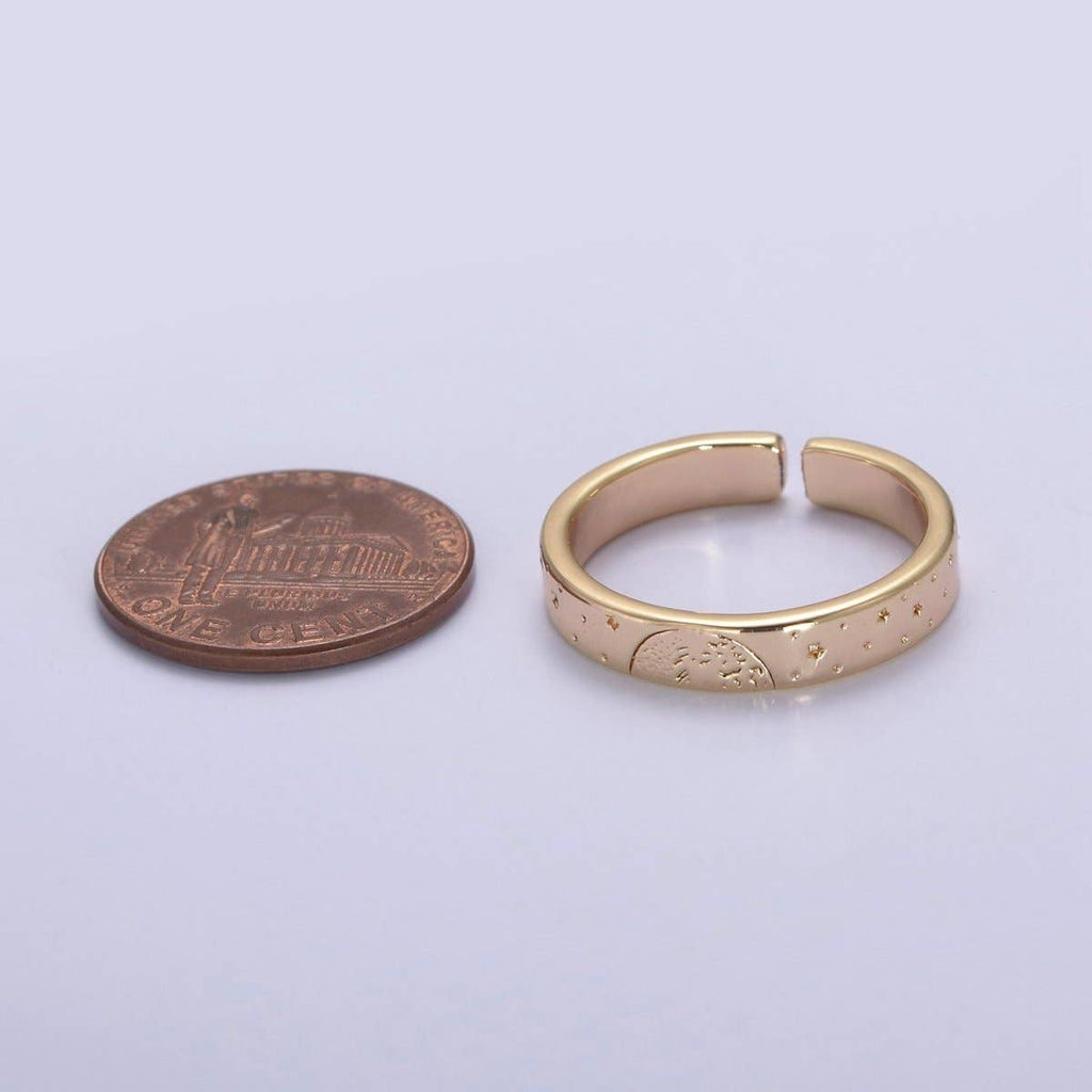 Aim Eternal - Gold Celestial Astronomy RING SET, Engraved Sun & Moon & Stars Gold Band Rings, 16K Gold Filled Adjustable Rings U-442