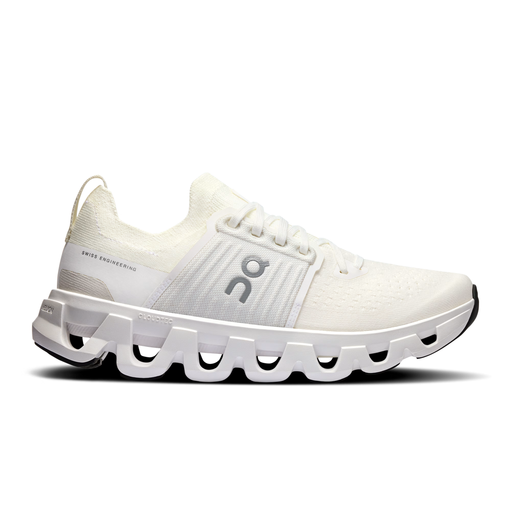 White running shoe with a unique sole design on a white background
