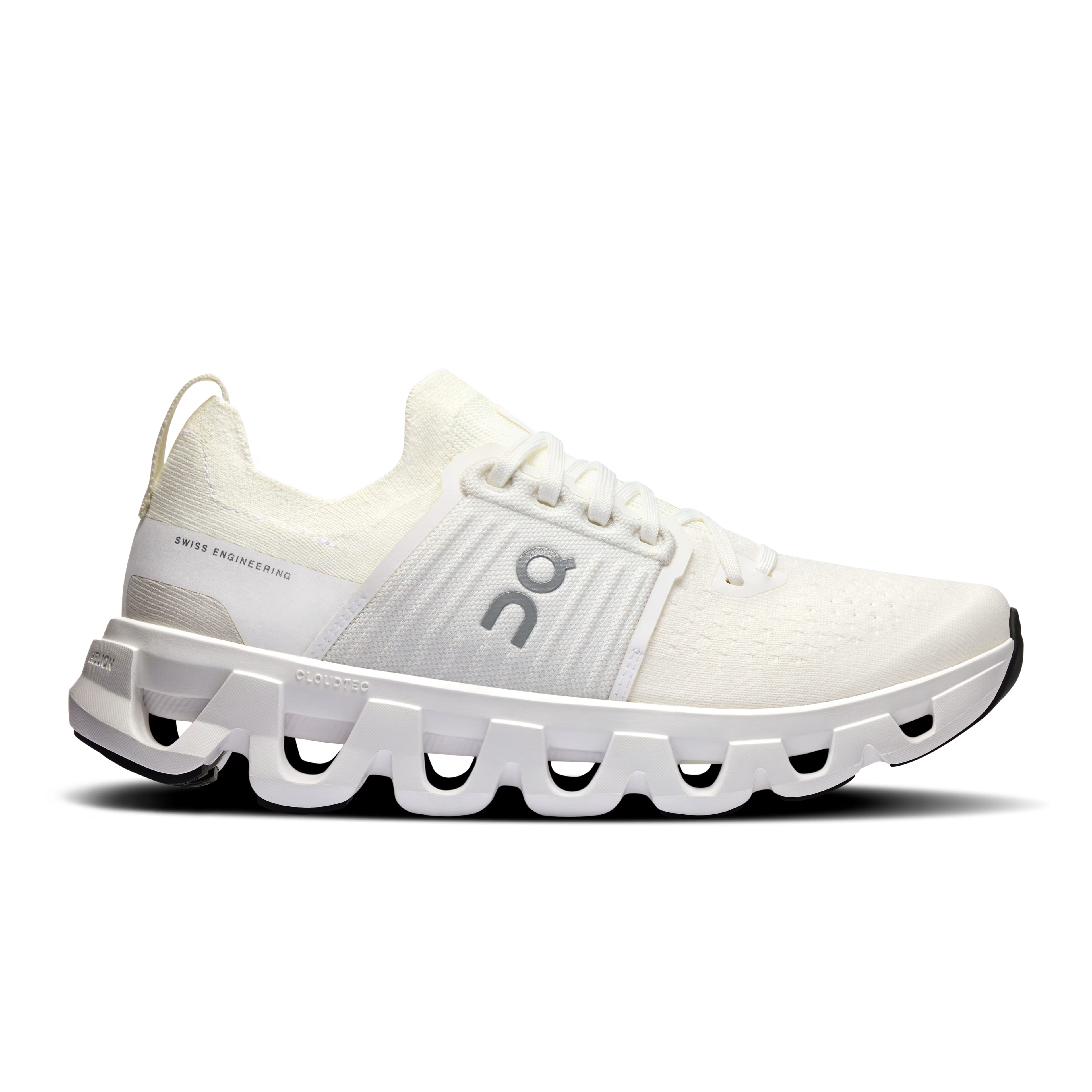 White running shoe with a unique sole design on a white background