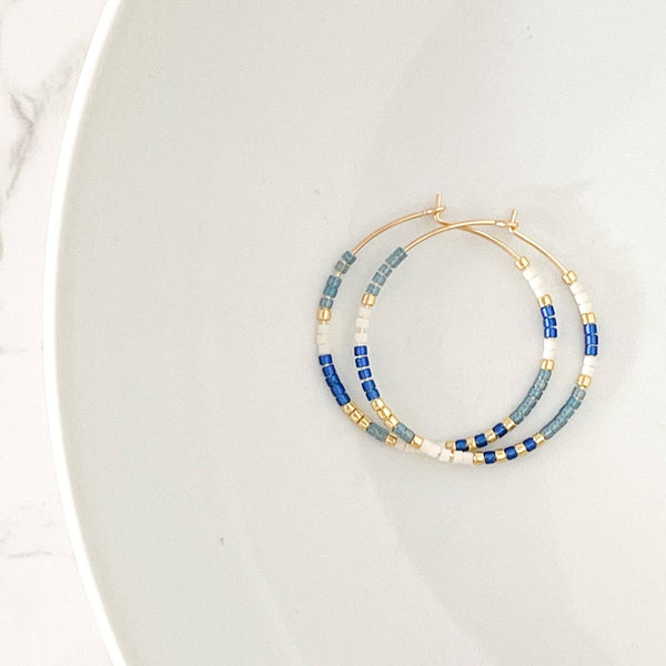 Beaded Hoop Earrings| Hypoallergenic: Gold / Ocean