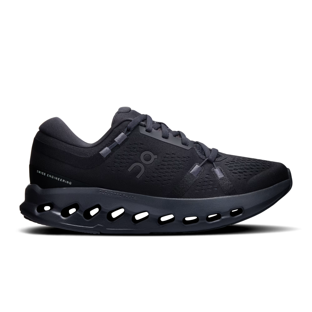 Black running shoe with brand logo on a white background