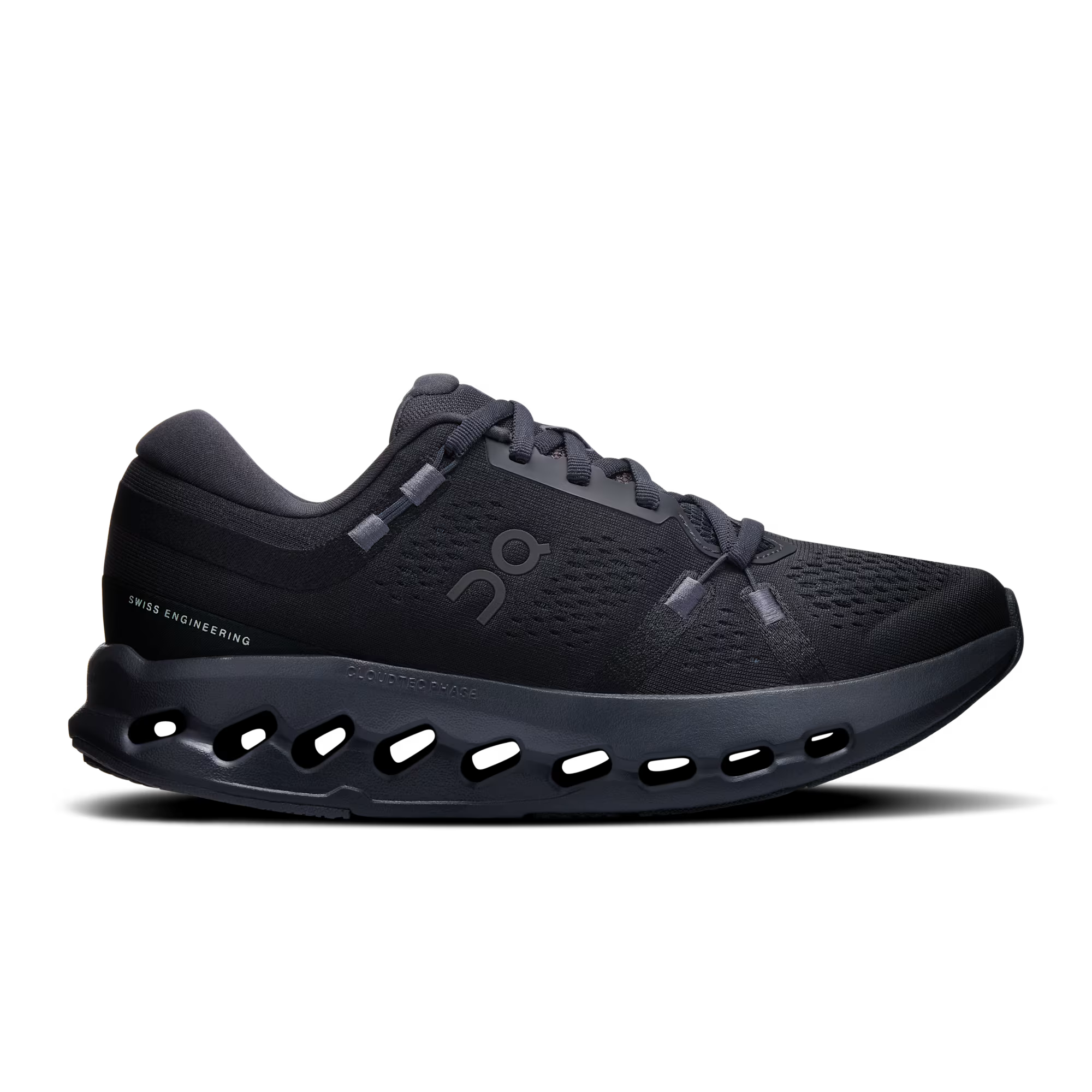 Black running shoe with brand logo on a white background