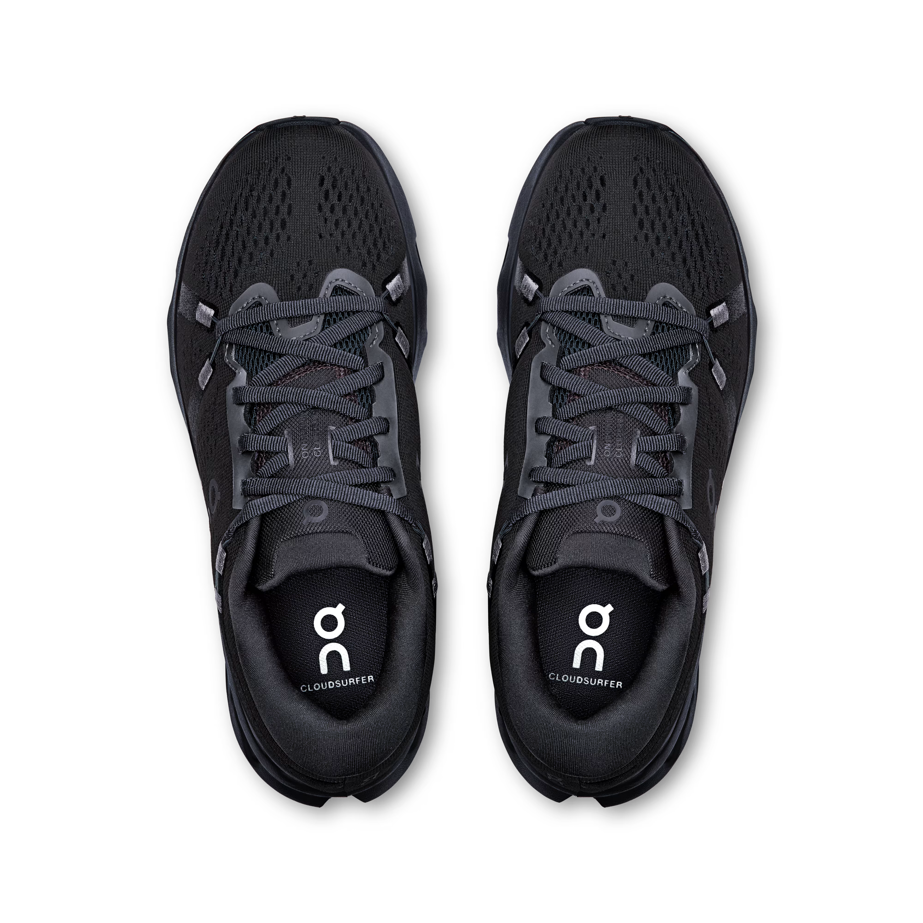 Black running shoes with laces on a white background