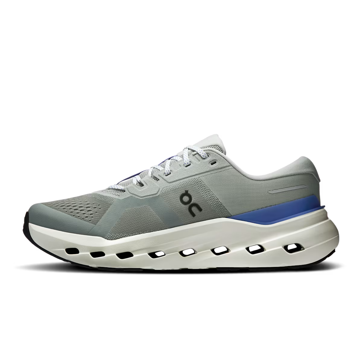 Gray running shoe with blue sole on a white background