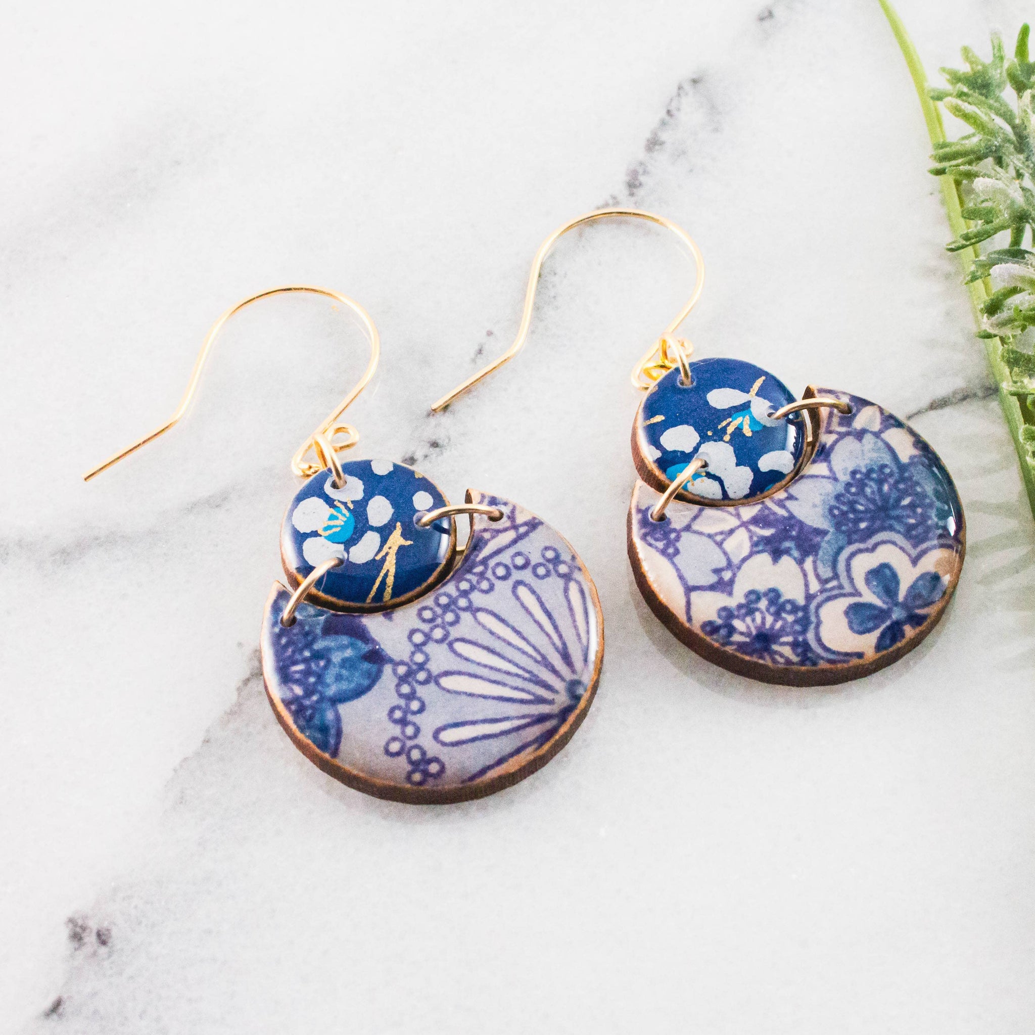 Blue Floral  Circle Earrings