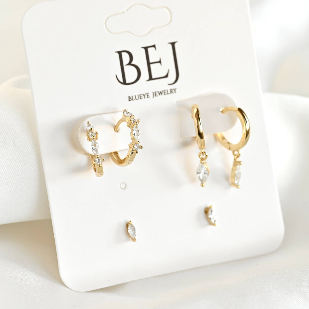 Blueyejewelry - Gold Marquise CZ Earring Set - 925 Sterling Silver