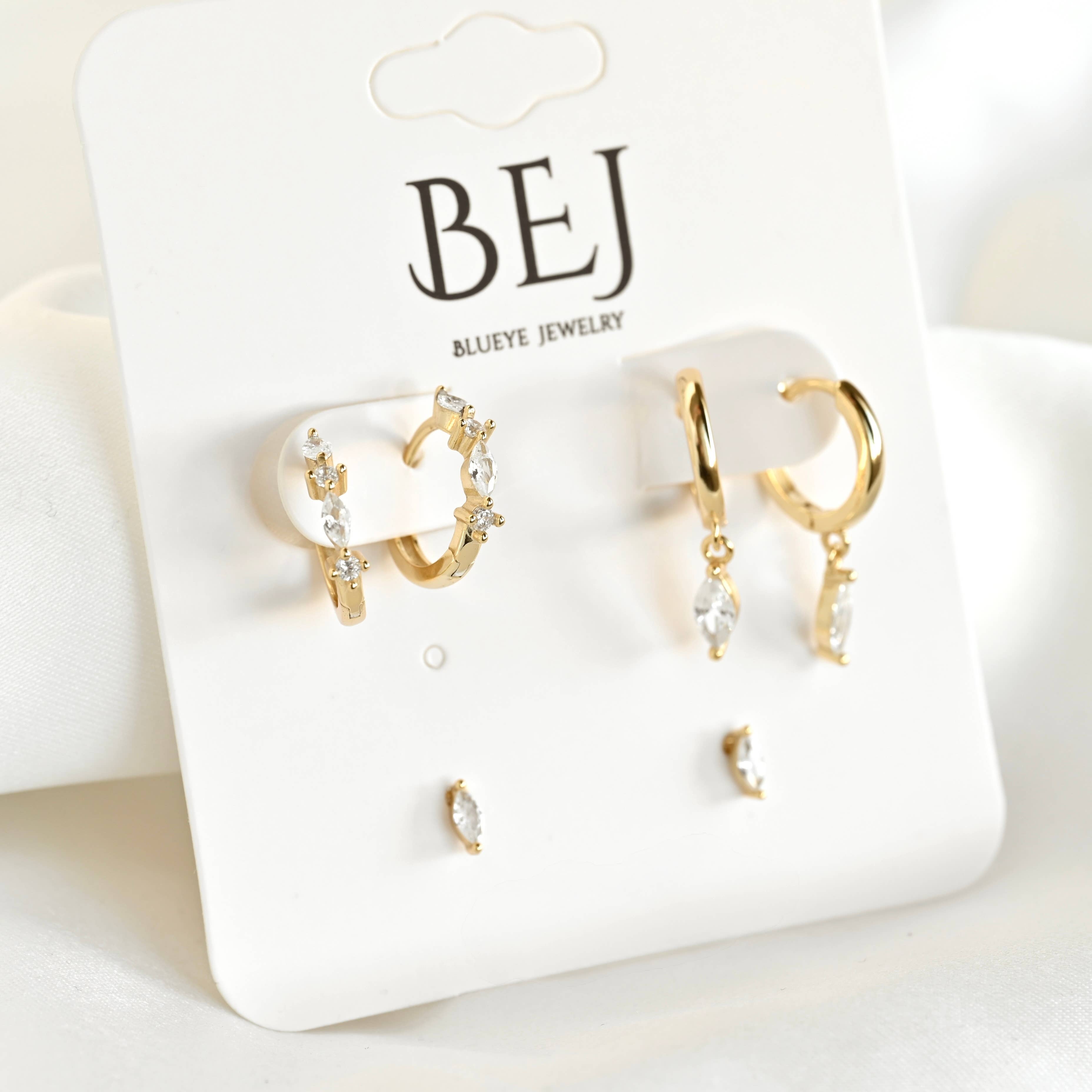 Blueyejewelry - Gold Marquise CZ Earring Set - 925 Sterling Silver