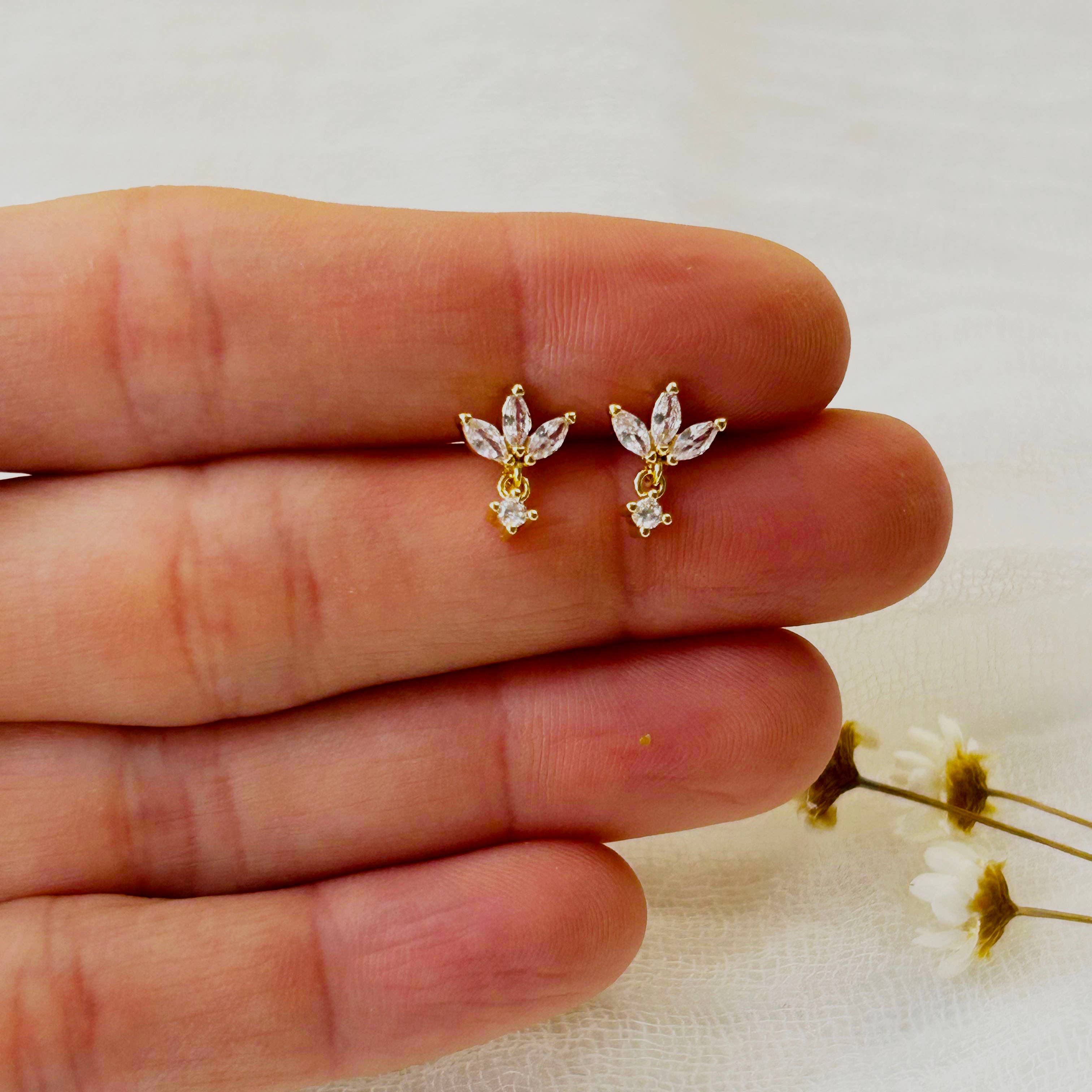 Dainty CZ Leaf Dangle Studs