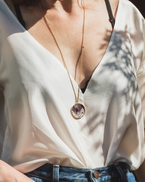 Chevron Amethyst Long Medallion Necklace