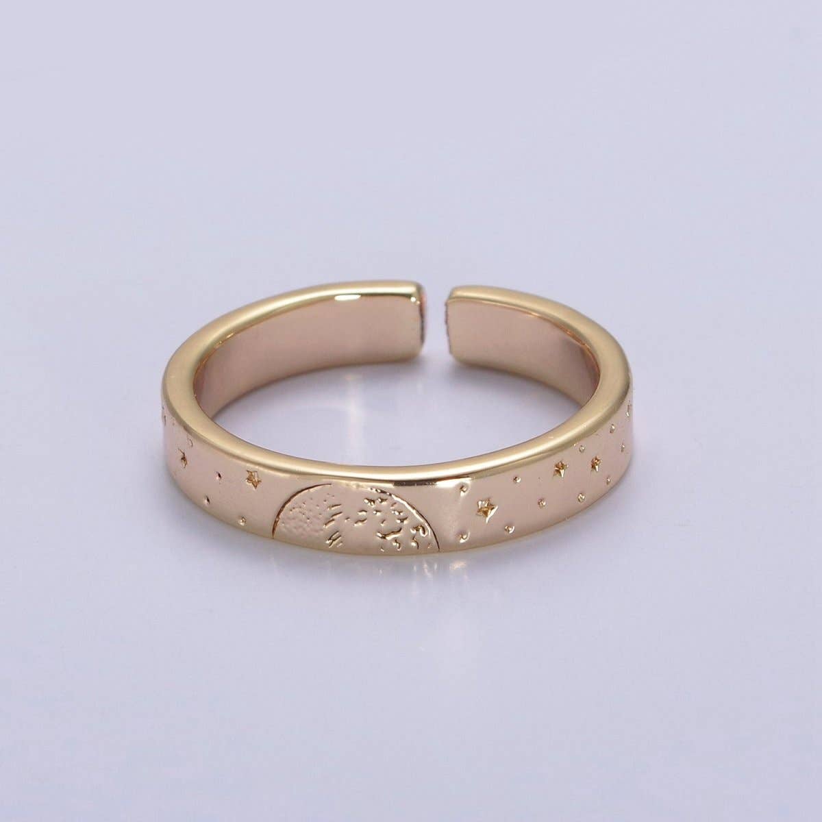 Aim Eternal - Gold Celestial Astronomy RING SET, Engraved Sun & Moon & Stars Gold Band Rings, 16K Gold Filled Adjustable Rings U-442