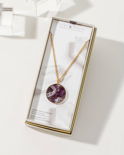 Chevron Amethyst Long Medallion Necklace