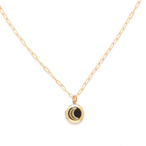 Moon Locket Necklace in Black: Gold plated brass / 17"