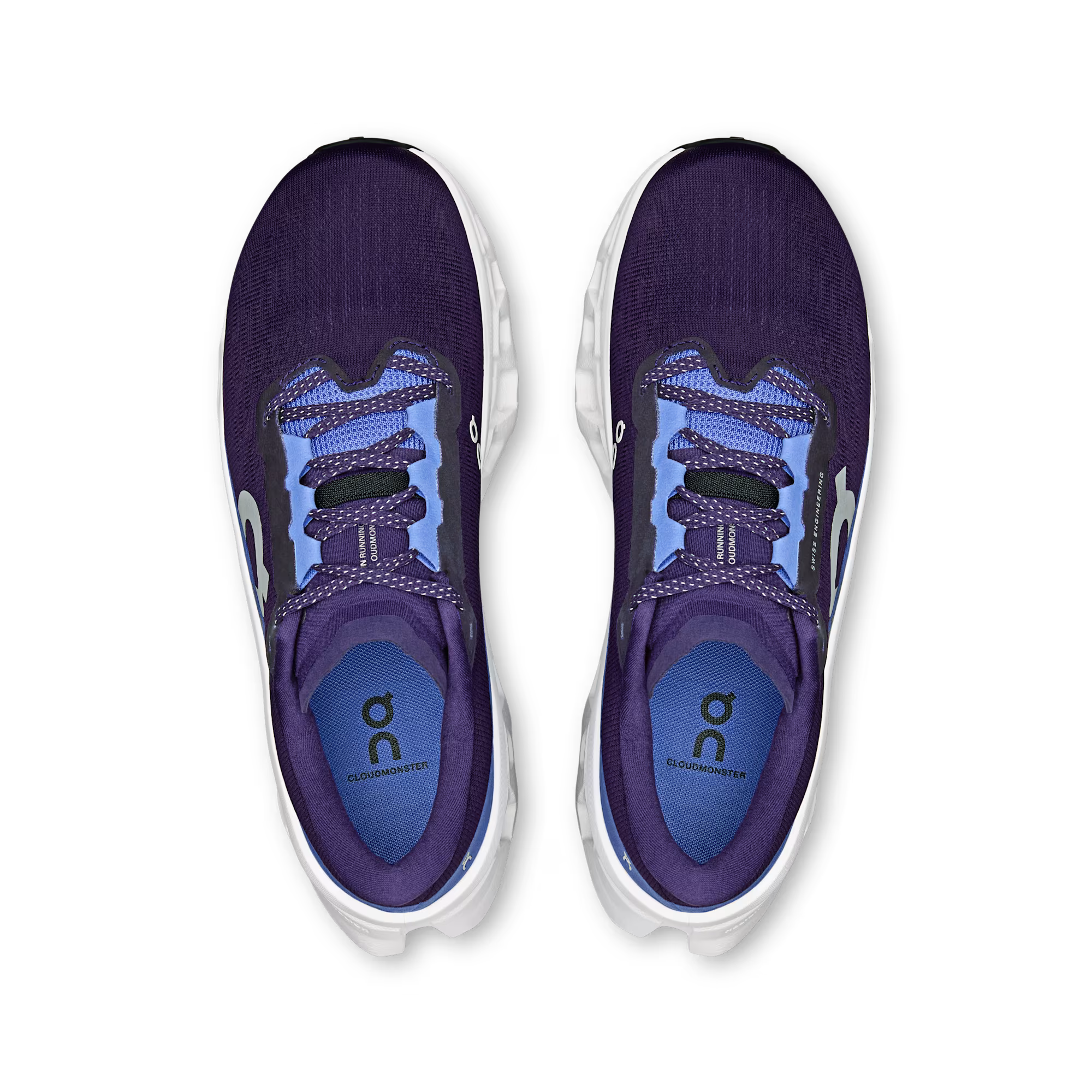 Purple running shoes with white soles on a transparent background