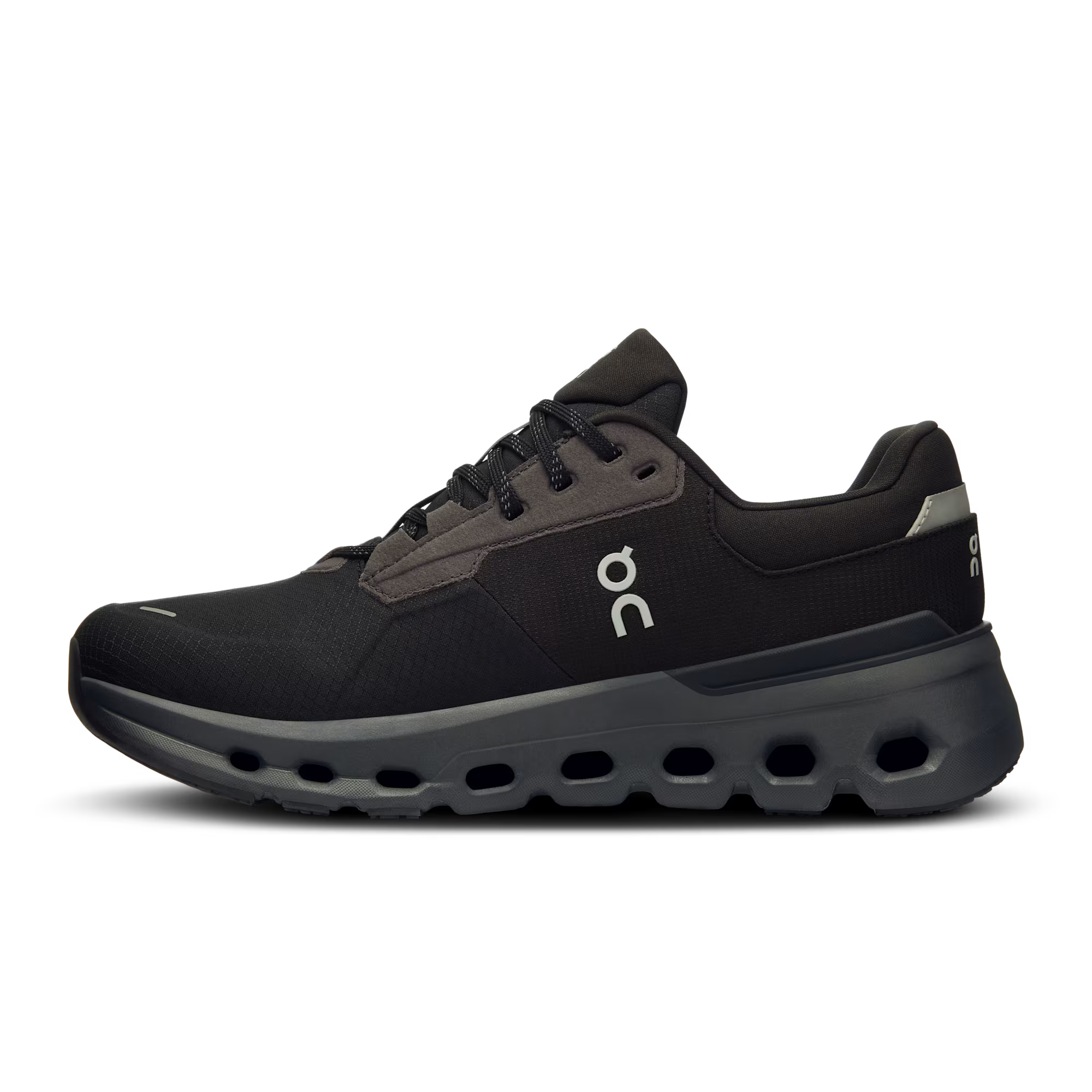 Black running shoe with a visible brand logo on a white background