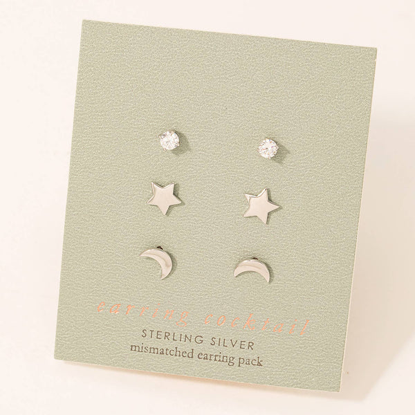 Fame Accessories - Sterling Silver Mismatched Star Stud Earrings Set