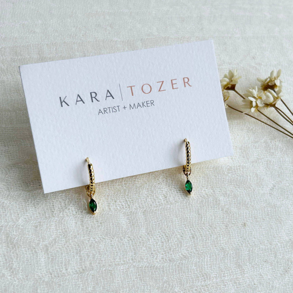 KARA | TOZER - Gold Braided Emerald Charm Hoops