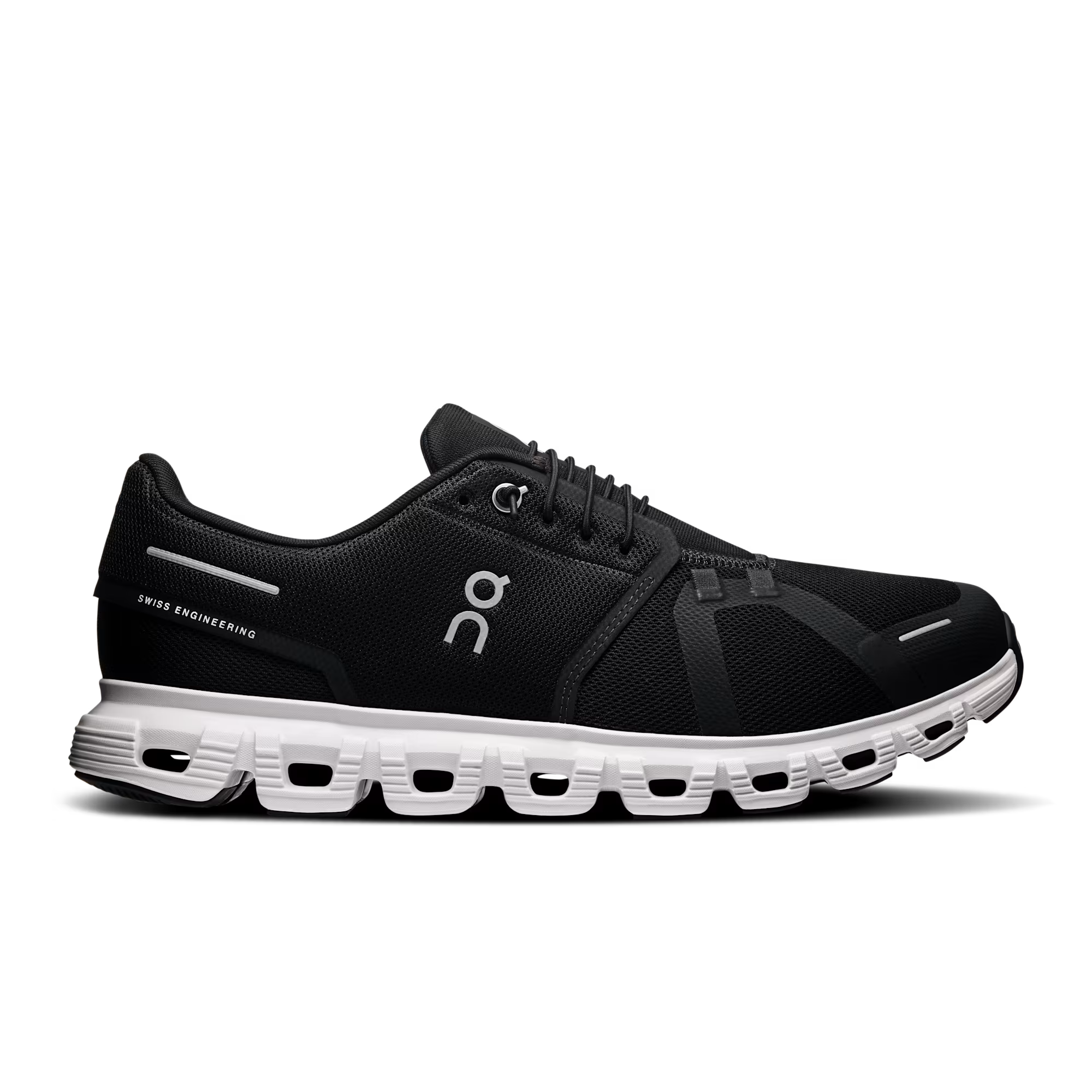 Black running shoe with white sole on a transparent background