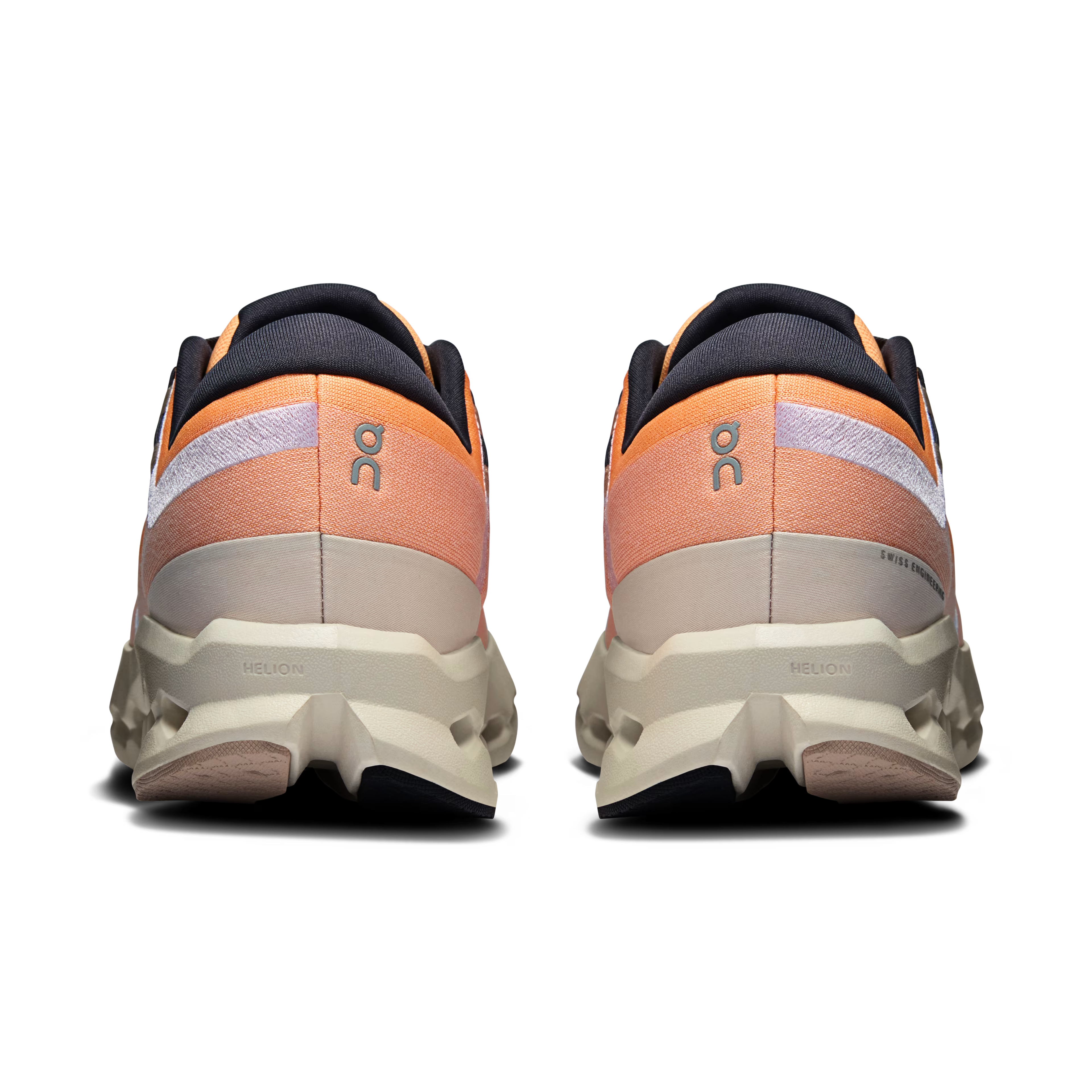 Pair of orange and black athletic shoes on a transparent background