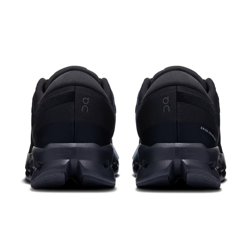 Black athletic shoes shown from the back on a white background