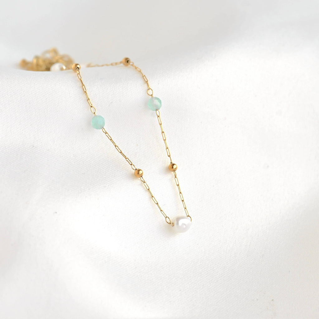 Blueyejewelry - Sage Beaded Freshwater Pearl Bracelet -  Stainless Steel