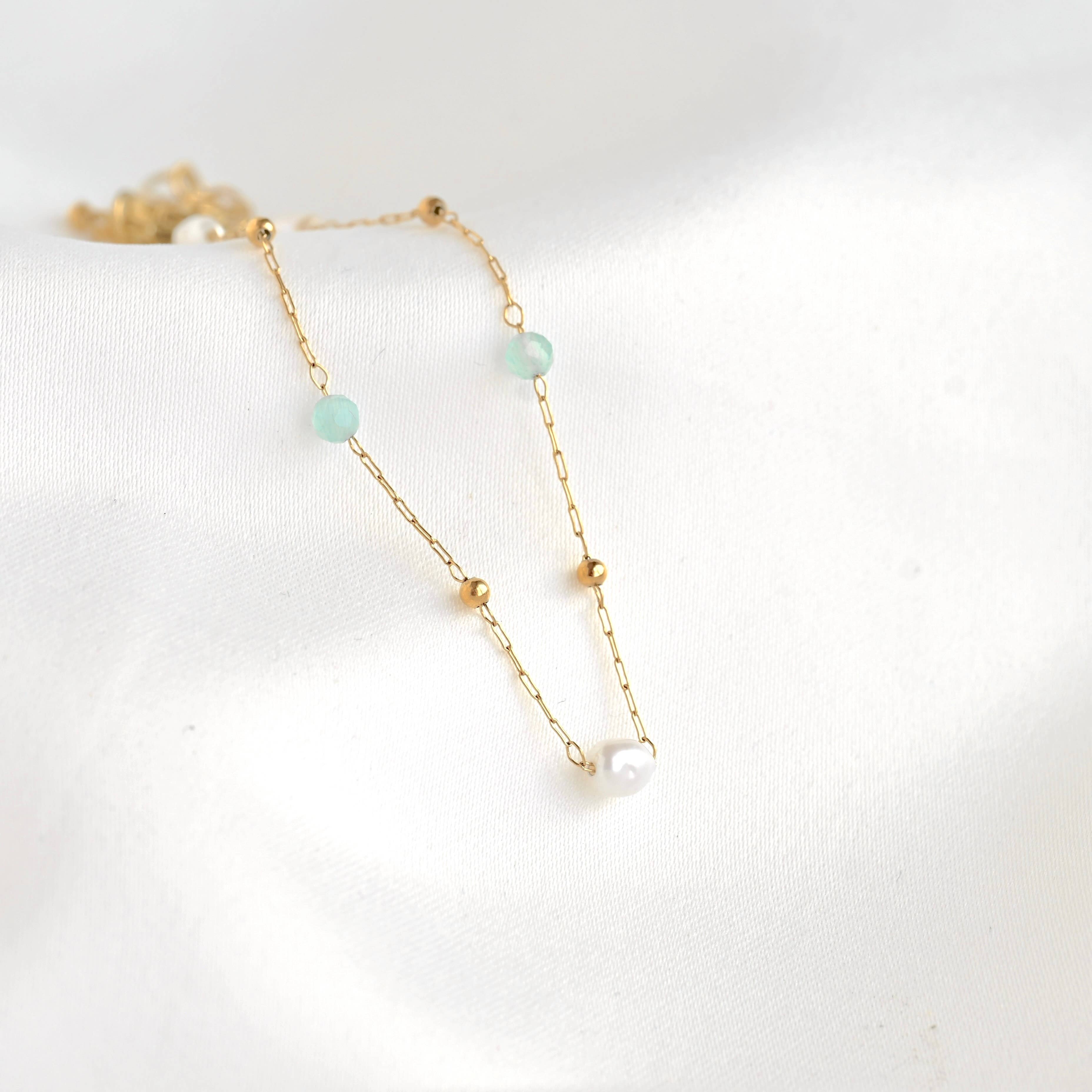 Blueyejewelry - Sage Beaded Freshwater Pearl Bracelet -  Stainless Steel