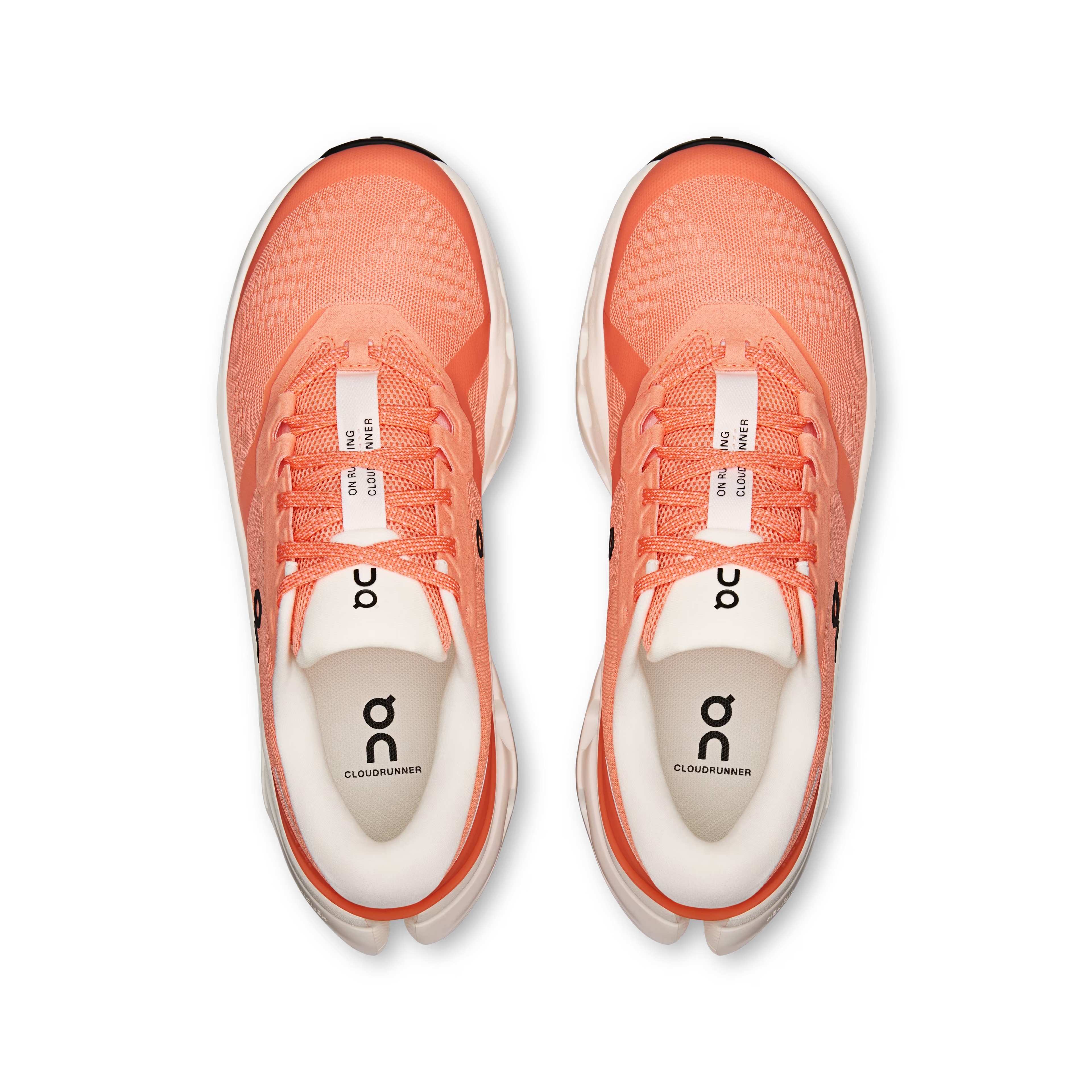 Pair of coral running shoes with white soles on a transparent background