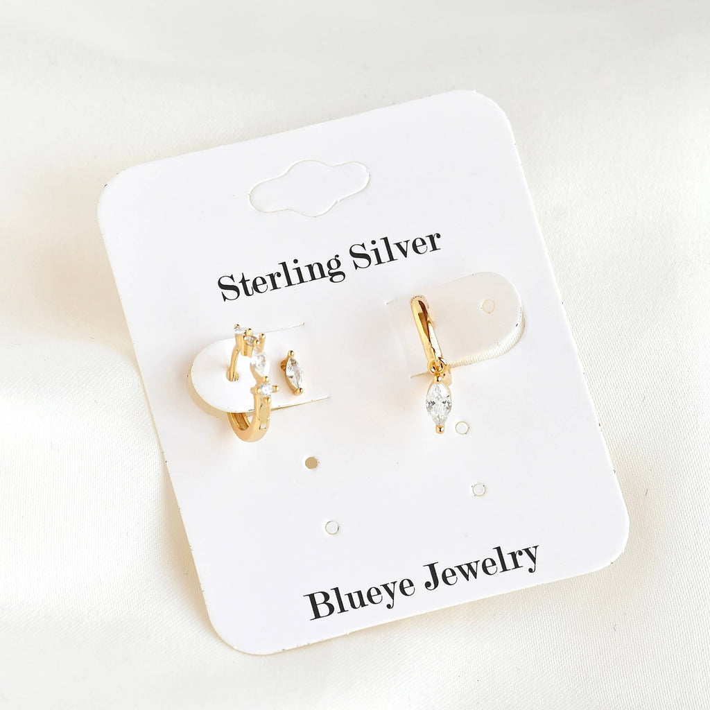 Blueyejewelry - Gold Marquise CZ Earring Set - 925 Sterling Silver