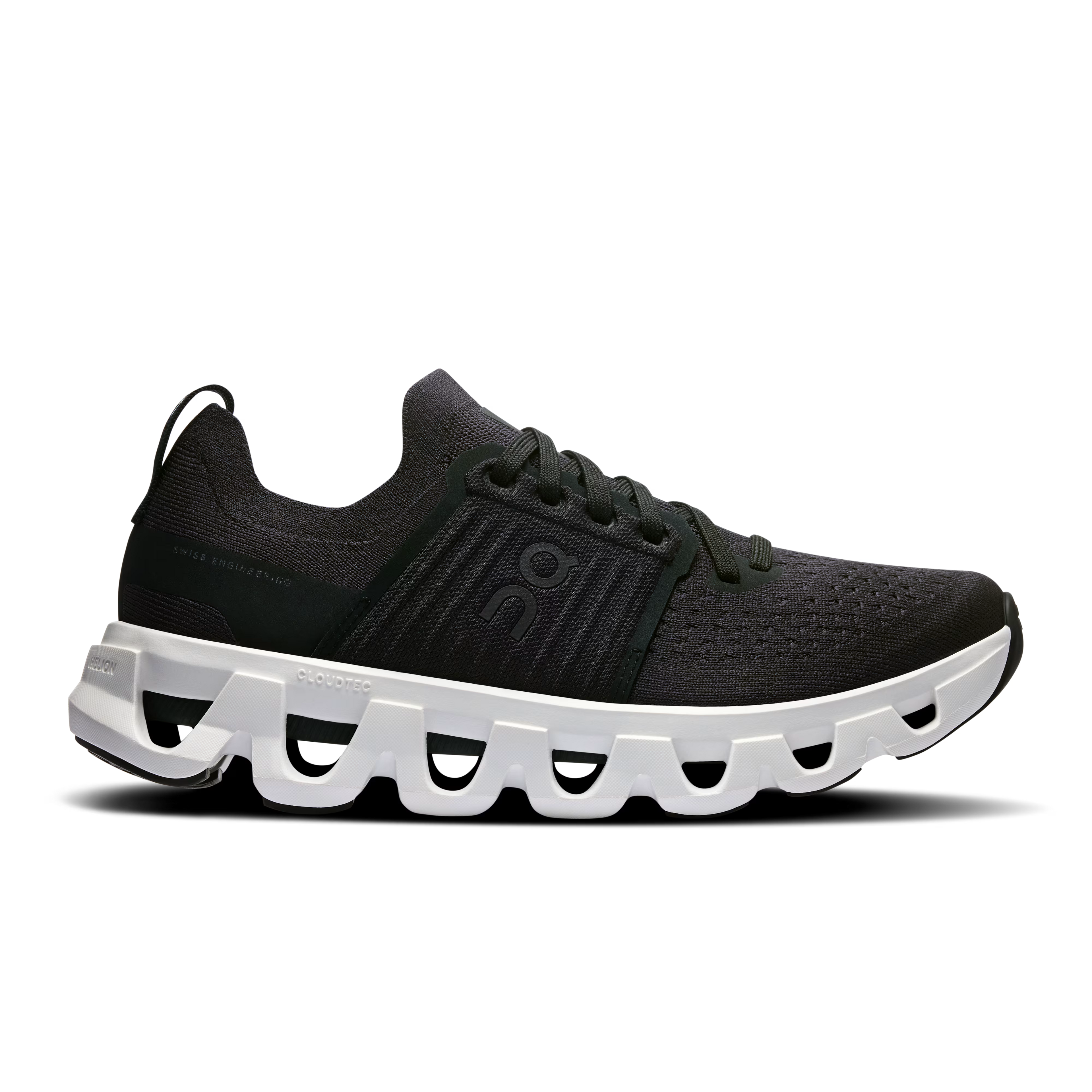Black running shoe with white sole on a white background