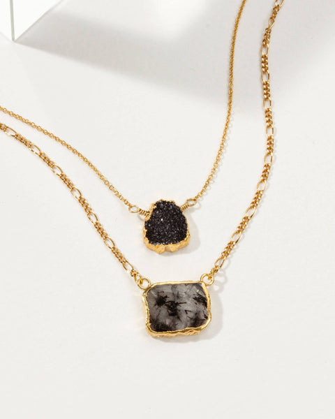 Power of Two Necklace Set |Druzy & Tourmalinated Quartz