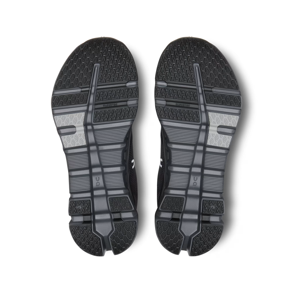 Black athletic shoe sole with tread pattern on a white background