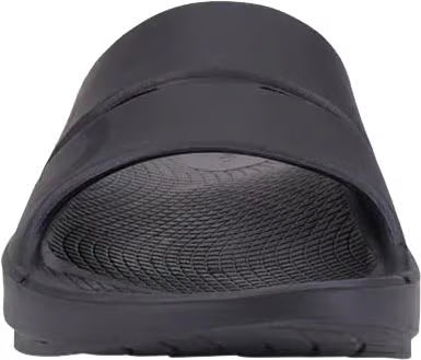 A single black slide sandal shown from a top-down angle against a plain white background.