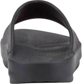 A single black slide sandal shown from a side profile view against a plain white background.