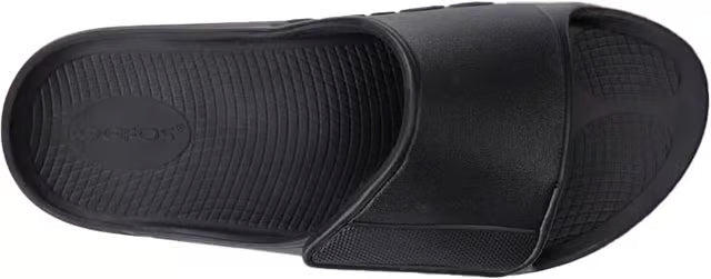 A single black slide sandal shown from a top-down angle on a plain white background. The brand name 'CROCOD' is embossed on the heel area of the footbed.