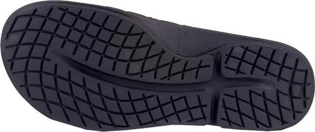 Close-up of the black textured rubber outsole of a shoe, showing the tread pattern and molded sections against a white background.