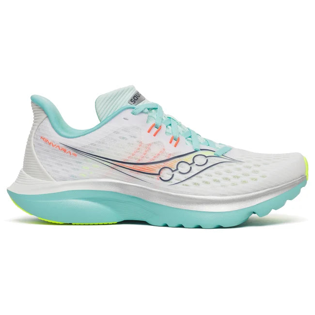 A Saucony running shoe in white and mint green with orange accents, shown from the side against a white background.