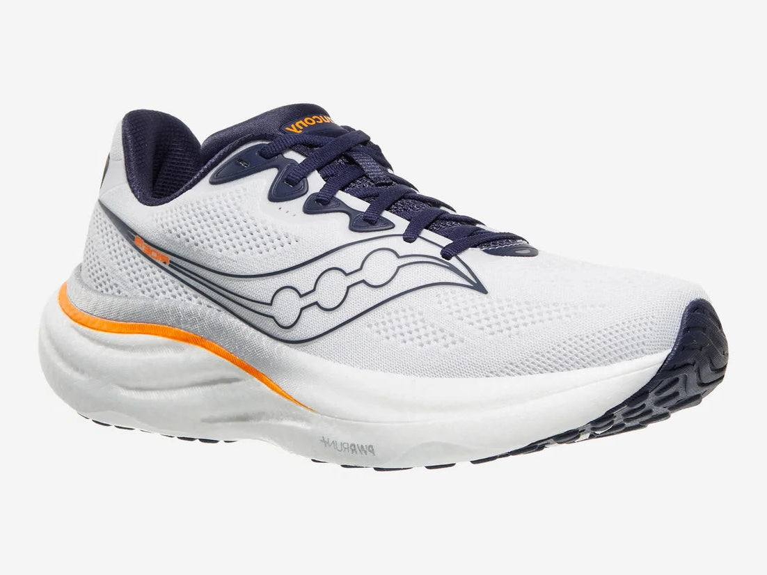 A Saucony running shoe in white, navy blue, and orange, shown from a side profile view against a light gray background.