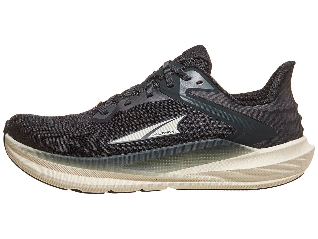 Black running shoe with a white sole on a white background
