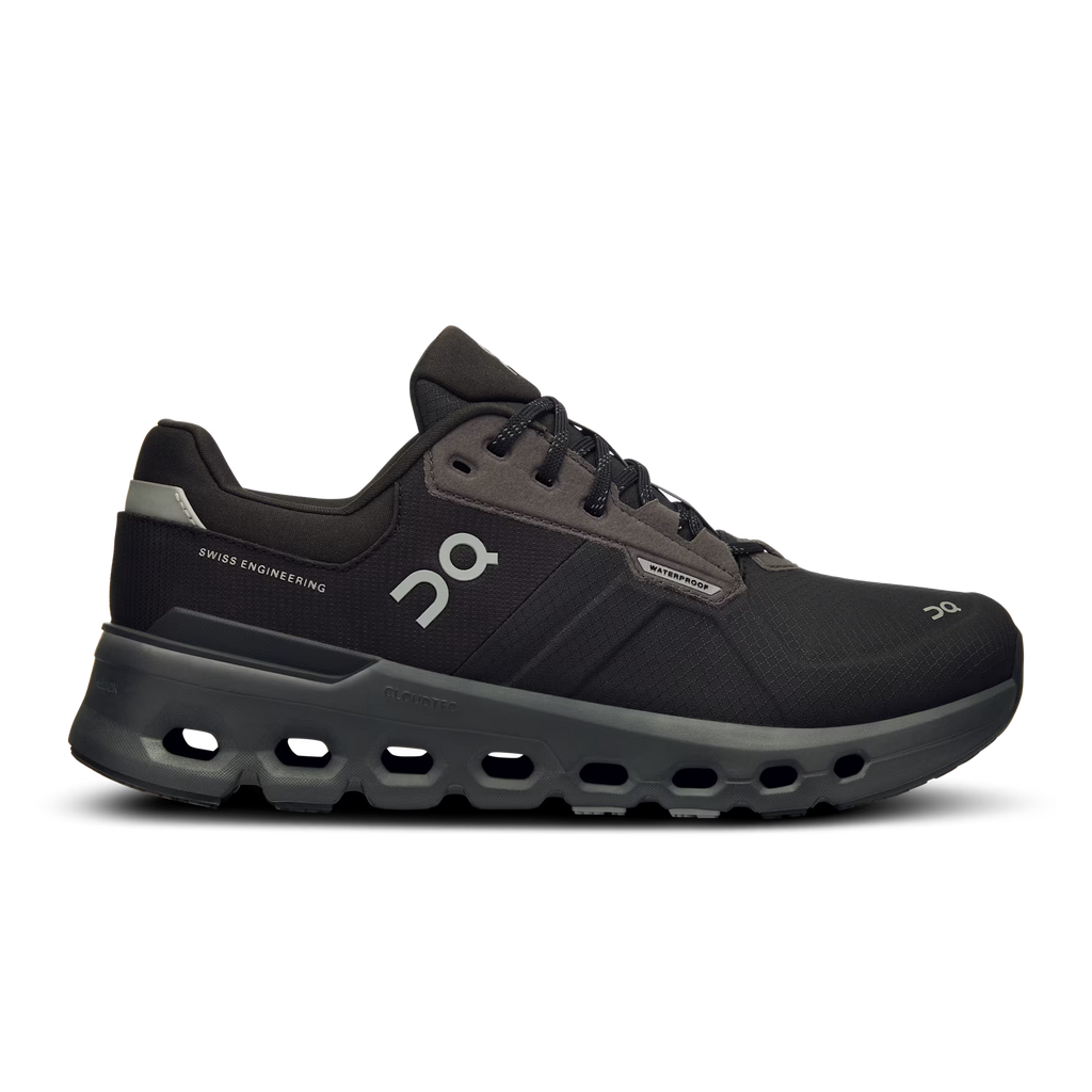 Black running shoe with brand logo on a white background