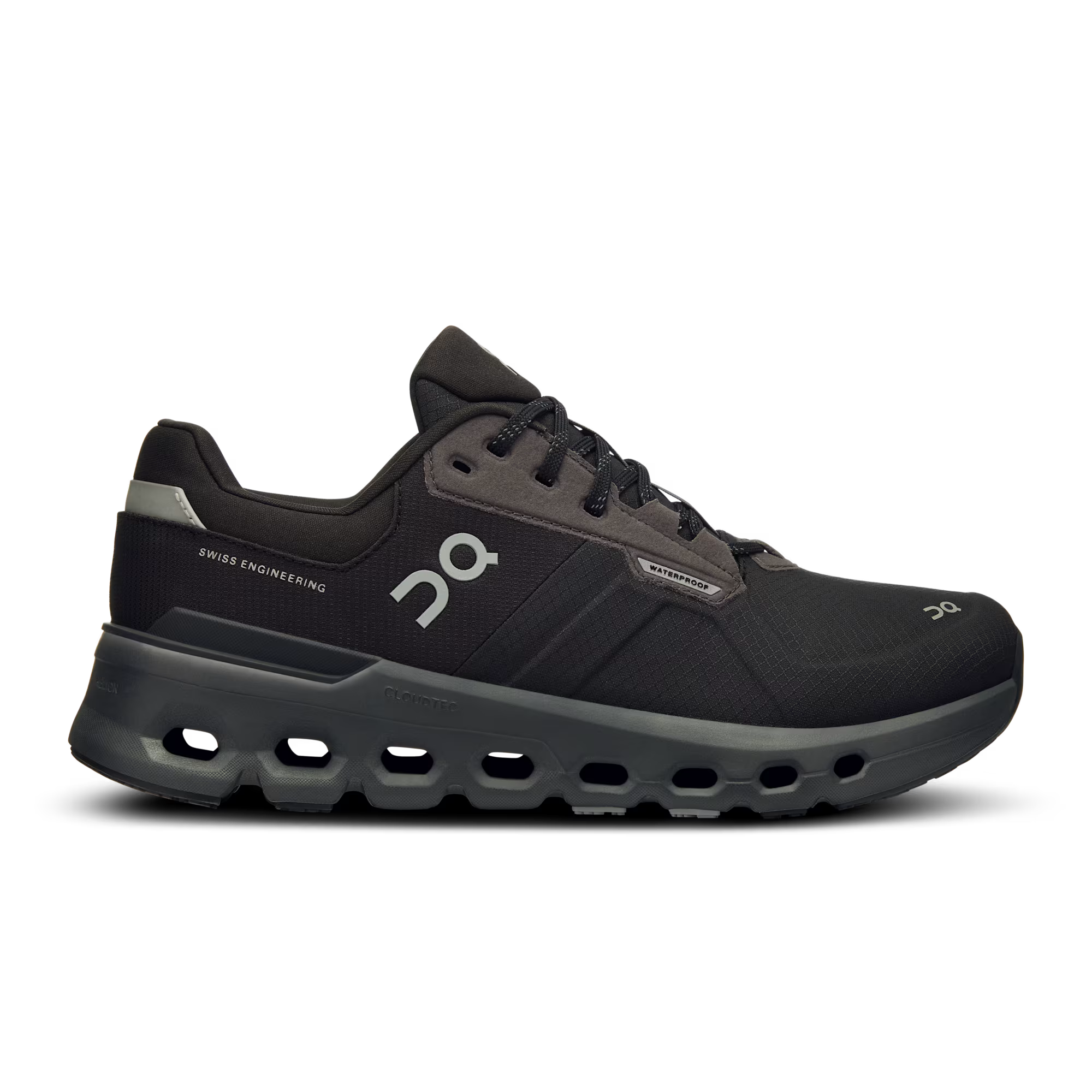 Black running shoe with brand logo on a white background