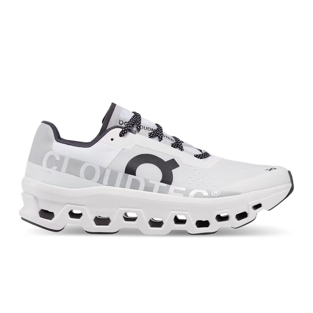 White running shoe with black accents on a transparent background