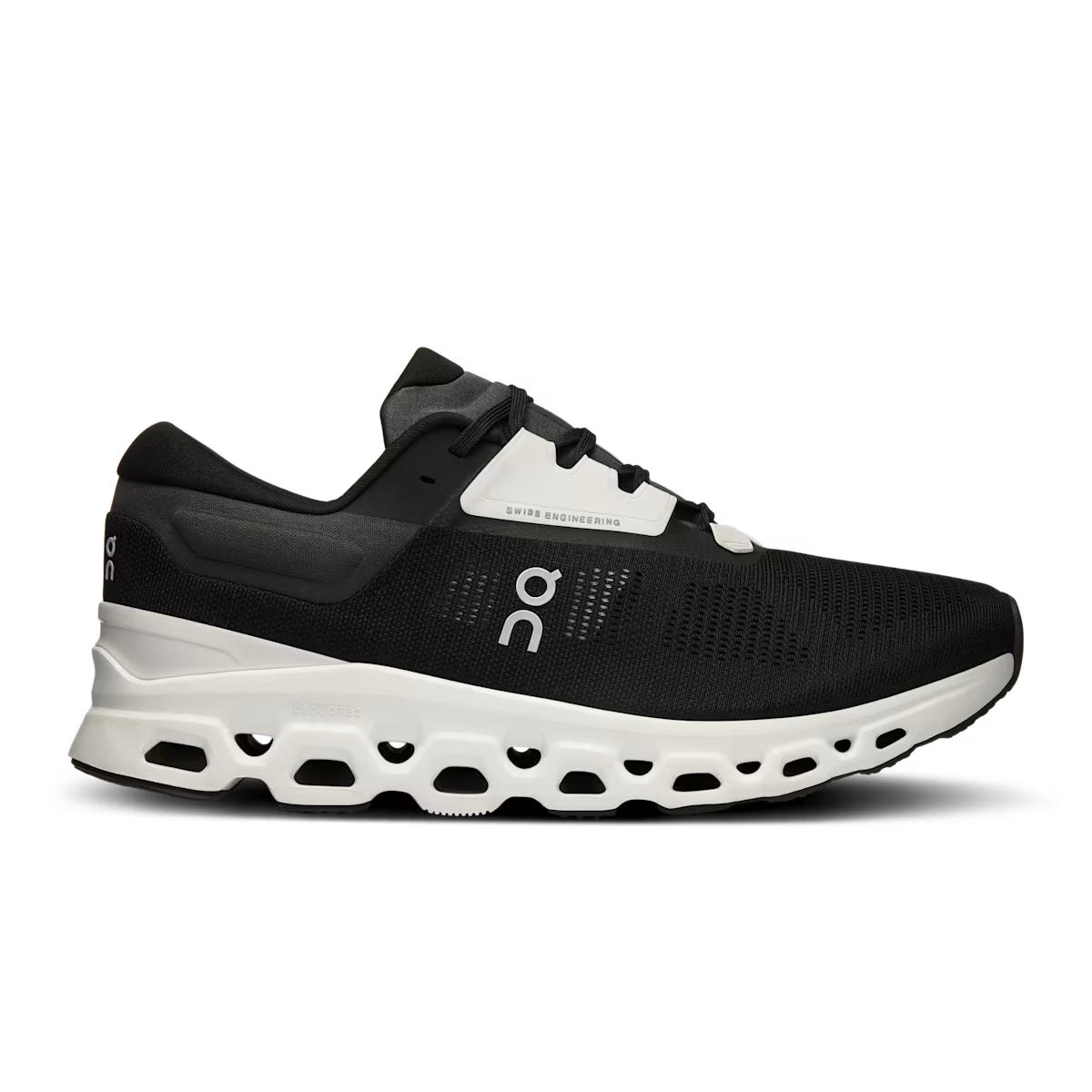 Black running shoe with white sole on a transparent background
