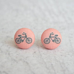 Pink Bikes Fabric Button Earrings